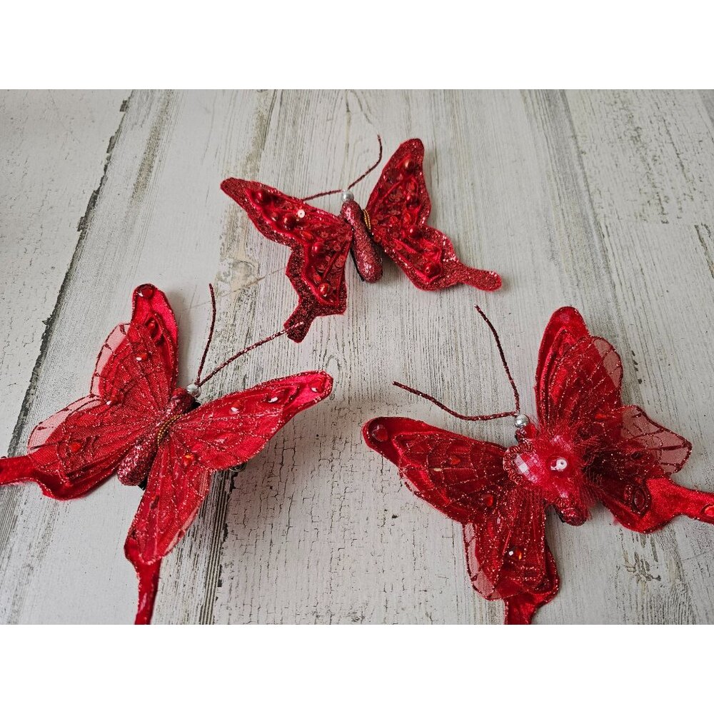 Katherine's collection gingham mini butterfly clip ornament glitter beaded red V